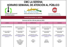 Horario semanal de atención al consumidor.
