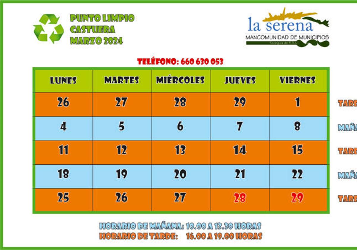 Horarios del punto limpio durante el mes de marzo de 2024