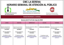 Horario semanal, del 27 al 31 de mayo, de atención al público del CMC La Serena