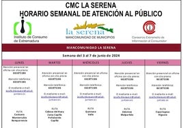 Horario semanal, del 3 al 7 de junio, de atención al público del CMC La Serena
