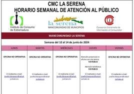 Horario semanal, del 10 al 14 de junio, de atención al público del CMC La Serena