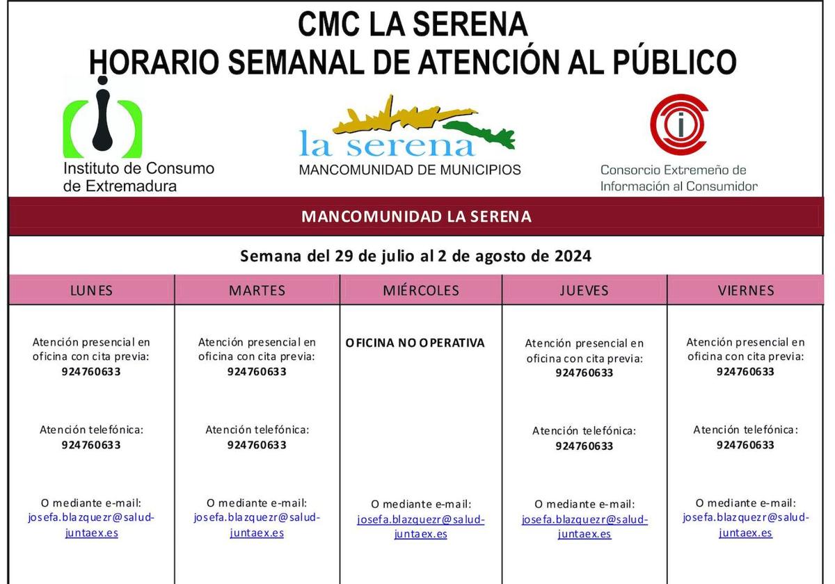 Horario semanal, del 29 de julio al 2 de agosto, de atención al público del CMC La Serena