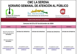 Horario semanal, del 23 al 27 de diciembre, de atención al público del CMC La Serena