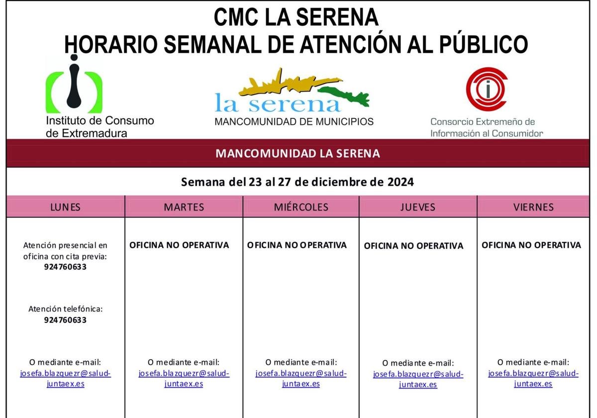 Horario semanal, del 23 al 27 de diciembre, de atención al público del CMC La Serena