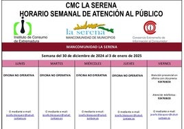 Horario semanal, del 30 de diciembre al 3 de enero, de atención al público del CMC La Serena
