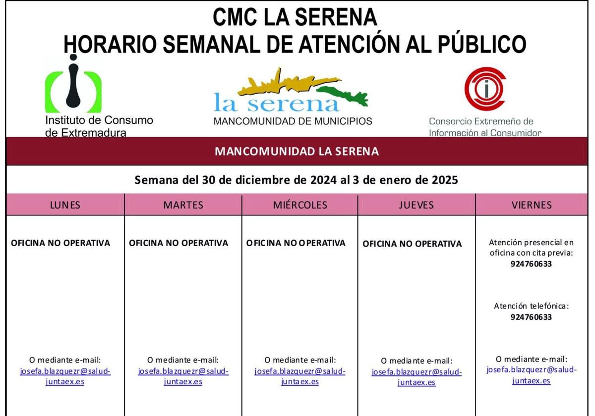 Horario semanal, del 30 de diciembre al 3 de enero, de atención al público del CMC La Serena