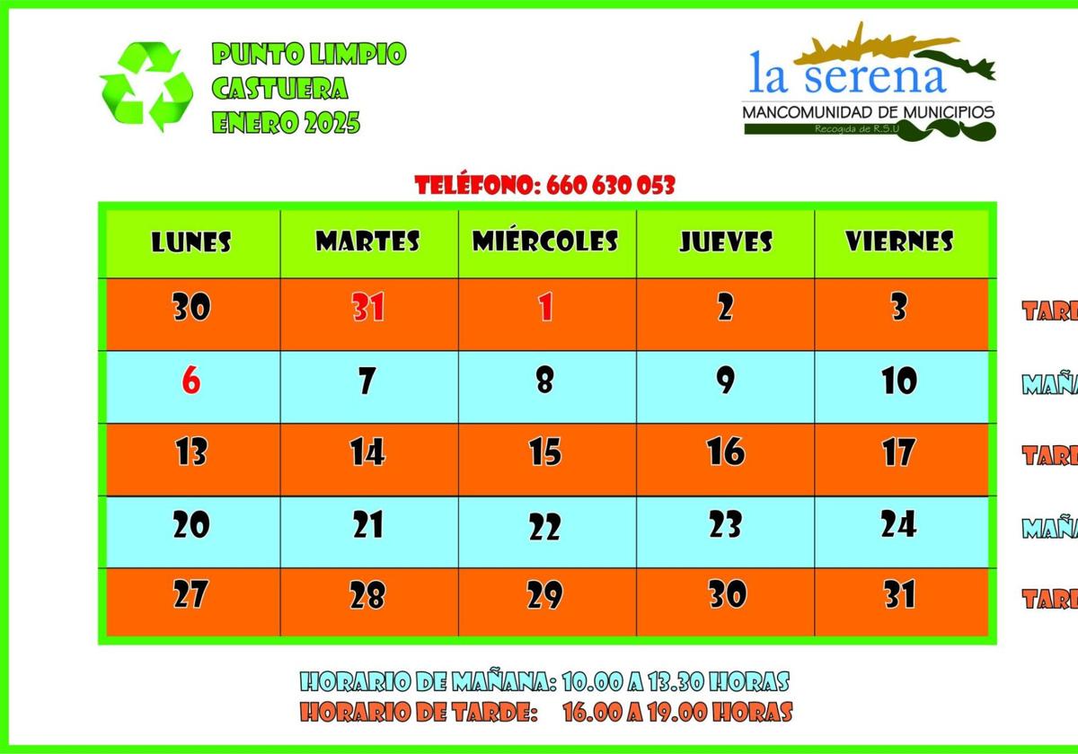 Horarios del punto limpio durante el mes de enero de 2025