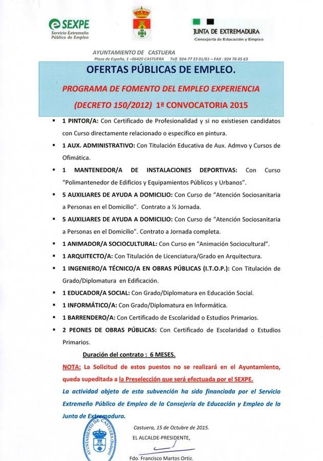El Ayuntamiento contratará a 21 personas desempleadas para diferentes servicios municipales