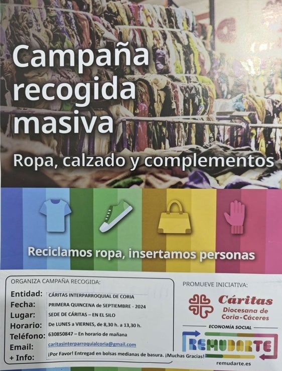Cáritas Interparroquial de Coria lanza una campaña de recogida de ropa y calzado