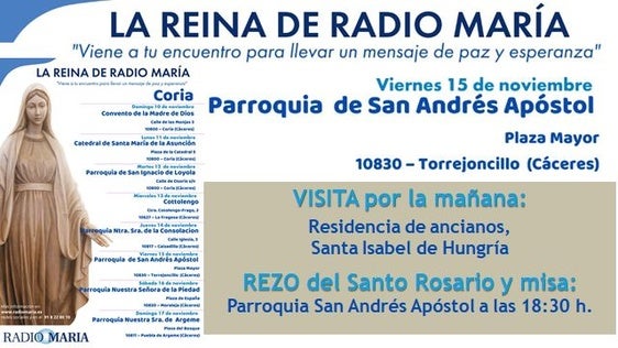 La Virgen Peregrina de Radio María visitará Torrejoncillo este viernes