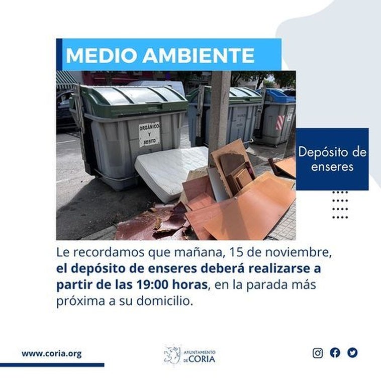 El Ayuntamiento de Coria recuerda las normas para el depósito de enseres en la vía pública