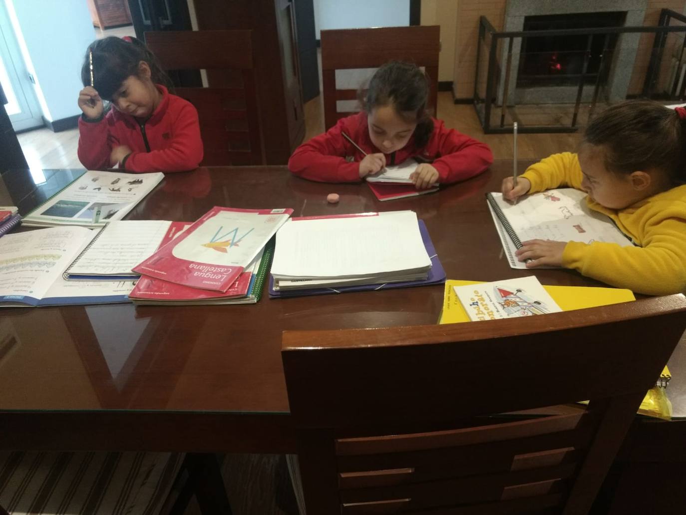 Elena (i) y Celia (c) de 1º Primaria, y Laura de 3º de Infantil, tres hermanas haciendo sus deberes en casa.