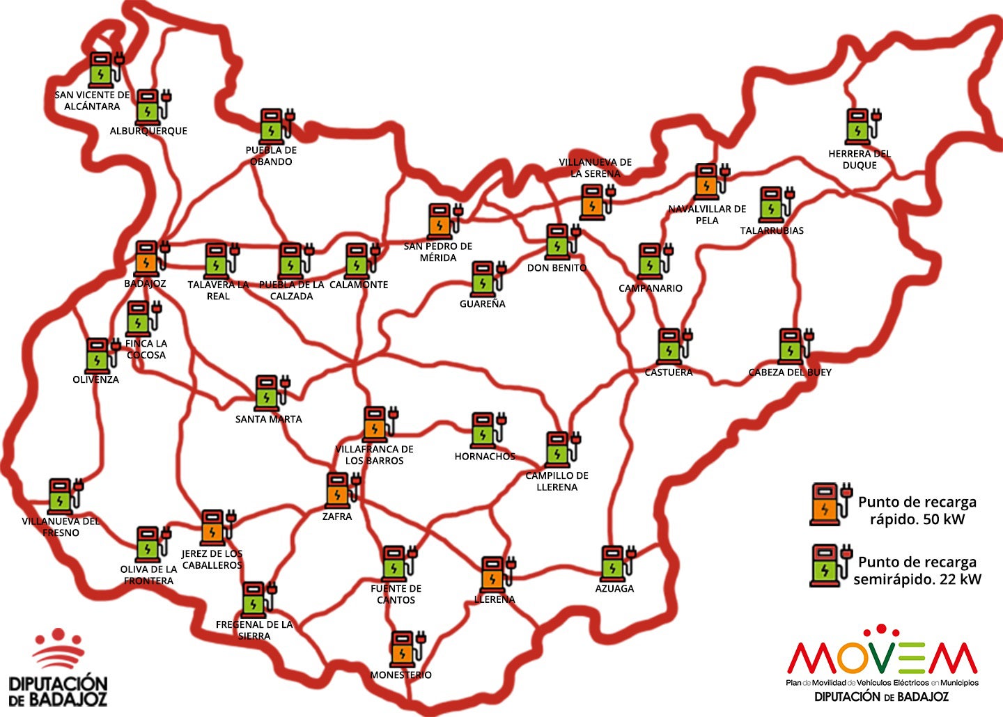 Mapa provincial de puntos de recargas eléctricas para vehículos.