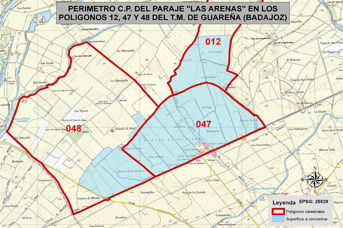 Mapa de concentración parcelaria Dehesa Guareña.