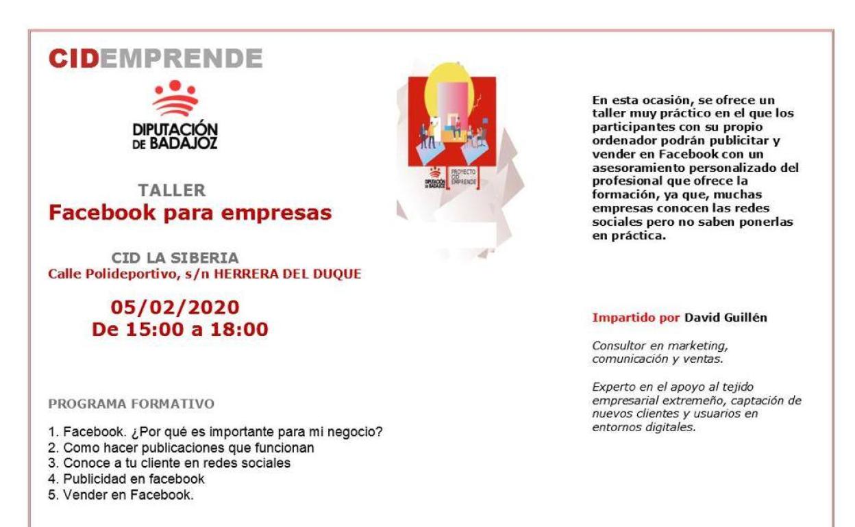 Cartel del taller «Facebook para empresas»