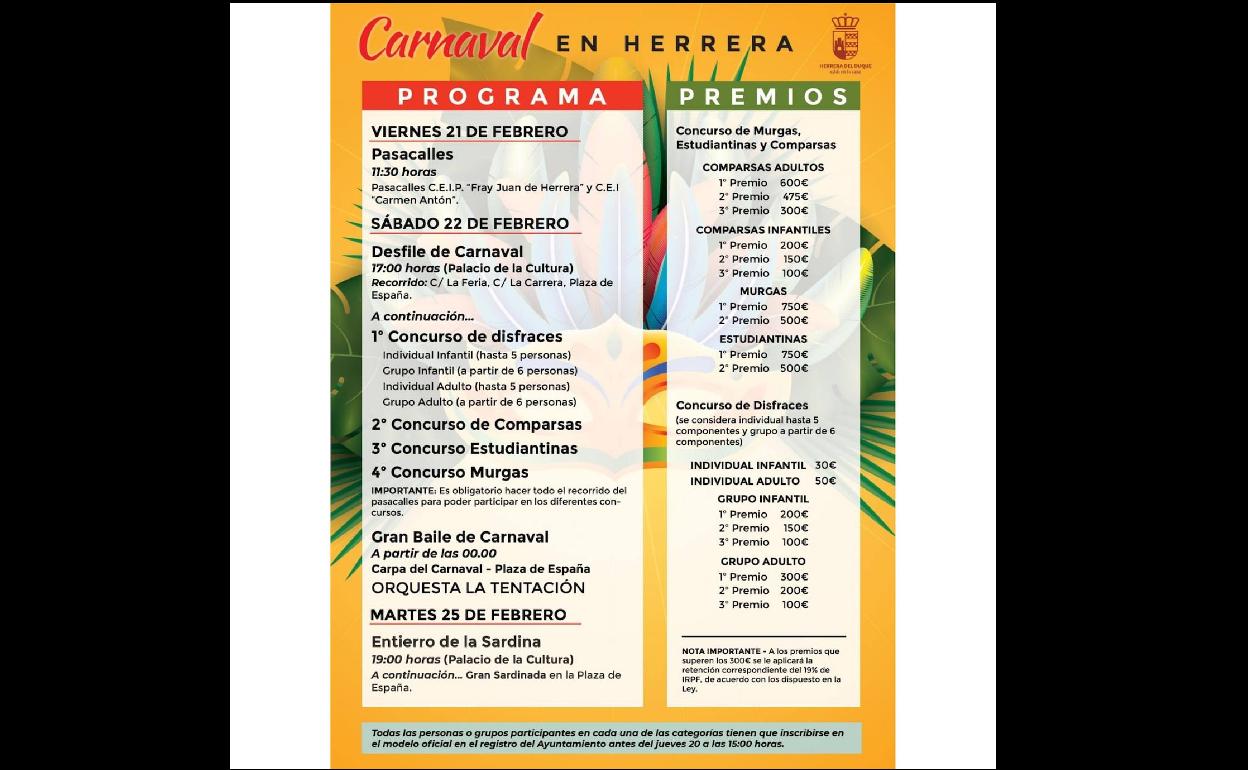 Hasta el jueves 20 de febrero abierto el plazo para inscribirse en los concursos de Carnaval de Herrera del Duque