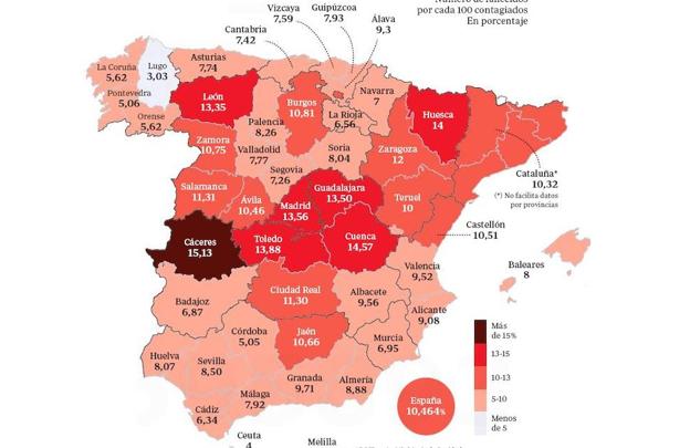 Mapa de letalidad del coronavirus por provincias con datos de esta semana.
