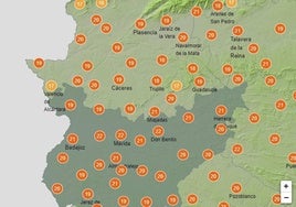 Mapa de la regioón extremeña con las temperaturas registradas este martes.