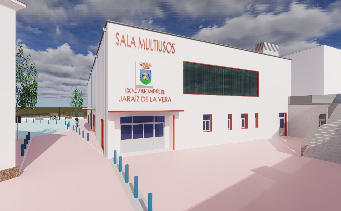 Diseño de la fachada principal o entrada a la nave multiusos.