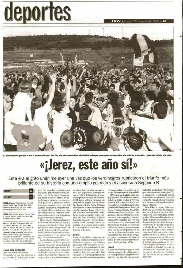 El Jerez Club de Fútbol ha organizado para este sábado, 6 de abril, a las 12 horas, un partido muy especial que enfrentará a dos selecciones representativas de la historia del Club verdinegro que en este año 2019 conmemora el 50 aniversario de su fundación. Saltarán al césped de la Ciudad Deportiva 'Manuel Calzado', un equipo integrado por futbolistas que participaron de los primeros años de su historia, con el entonces Club Polideportivo Vasco Núñez y otro equipo formado por jugadores que protagonizaron el mayor hito histórico de este club como fue el ascenso a Segunda División B el 21 de junio de 1998 ante el conjunto del Vélez.