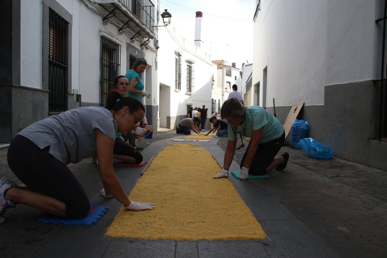 Las alfombras de sal embellecen y llenan de color, hoy, las calles de Jerez de los Caballeros con motivo de la festividad del Corpus Christi. Desde primera hora de la mañana, miembros de las cofradías y hermandades, Cáritas, grupos de catequesis, familias de los niños que han hecho este año la Primera Comunión, miembros de la Asociación de costaleros y costaleras de la Semana Santa jerezana, Ayuntamiento y vecinos han cubierto las principales calles del municipio con 6.250 kilos de sal teñida, plenas de color. A continuación, han disfrutado de una jornada de convivencia en la Casa de la Iglesia 'Cecilia de Arteaga'.