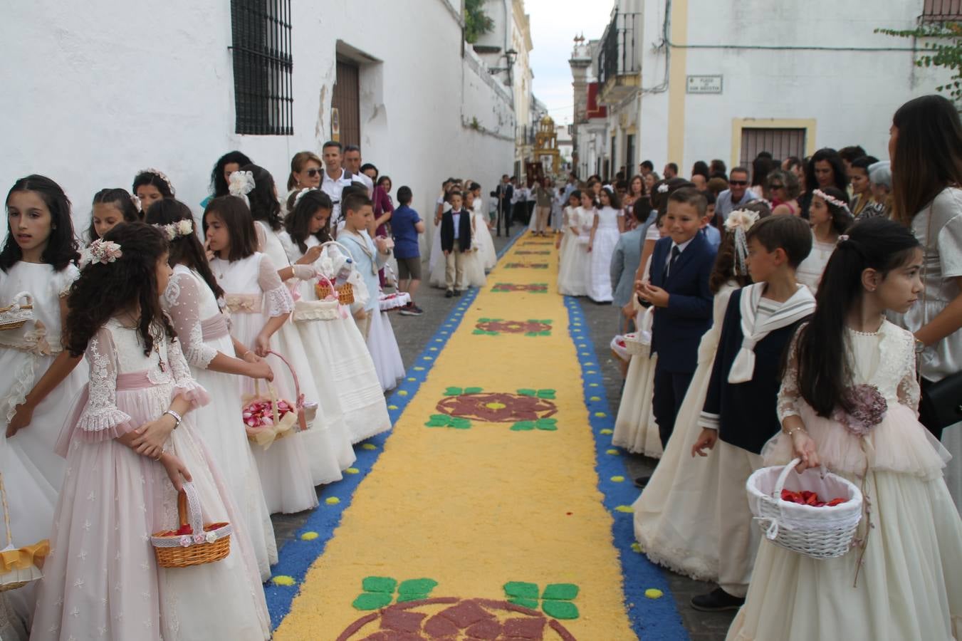 Jerez de los Caballeros celebró ayer la festividad del Corpus Christi en medio de un ambiente de solemnidad y convivencia del que fueron partícipes cientos de personas.La iglesia visigoda de Santa María de la Encarnación, llena de fieles, acogió la celebración de la Eucaristía que dió paso a la procesión acompañando la Santa Custodia en el magnífico templete de la iglesia de San Miguel, sobre las andas de la Virgen de Aguasantas y portada por costaleros y costaleras de la recién Asociación creada en esta ciudad. El párroco, Antonio María Rejano, destacó la significación de esta procesión, lamás grande, dijo, «porque Jesús sale a nuestras vidas, a nuestro encuentro y nosotros le acompañamos». Al término de la misa, incidió en el agradecimiento a todas las personas que han participado para hacer posible su desarrollo, trabajando desde la jornada del sábado en la elaboración de las preciosas alfombras de sal teñida de colores, que lucieron en las calles del centro de Jerez. El agradecimiento fue especial para los padres y madres de los niños y niñas que han hecho la Primera Comunión, para éstos mismos, también para catequistas, Cofradías y Hermandades, la Asociación del costaleros y costaleras de la Semana Santa de Jerez de los Caballeros, Ayuntamiento, Policía Local, grupos y personas de la parroquia.Autoridades civiles en representación del Ayuntamiento, Policía Local y Guardia Civil, acompañaron el desarrollo de la procesión junto a representantes de todas las cofradías y hermandades jerezanas y el protagonismo de los más de 80 niños y niñas que este año han celebrado su Primera Comunión.  A lo largo de todo el recorrido se instalaron distintos altares, también con la colaboración de vecinos y centros como la Residencia de Mayores Hernando de Soto. Los magníficos sones de la Agrupación Musical 'Nuestro Padre Jesús Nazareno' coronaron esta hermosa procesión.