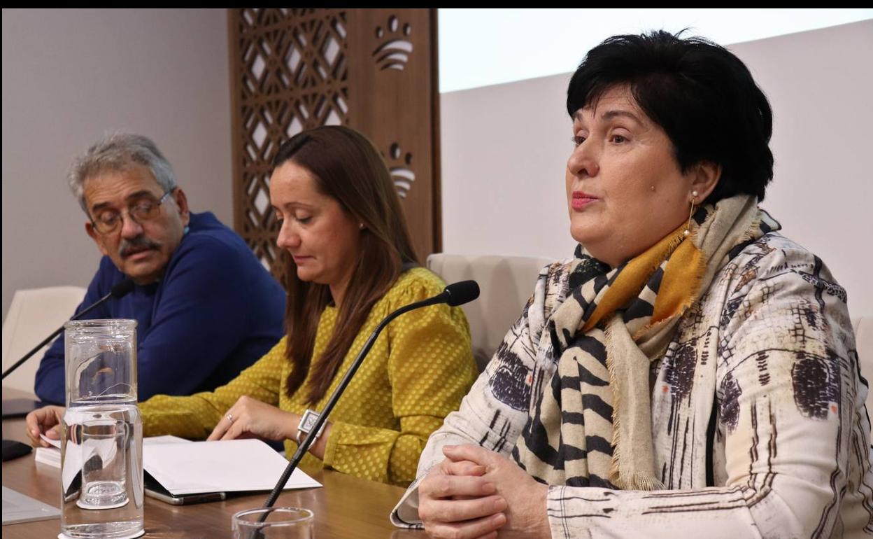 Josefa Lema, en primer plano, junto a la vicepresidenta de la Diputación de Badajoz, Virginia Borrallo y el autor del prólogo de su libro, Manuel Galván, hoy en la presentación de su libro.