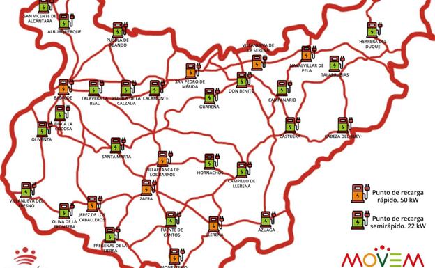 Mapa con los municipios donde se instalarán los puntos de recarga. 