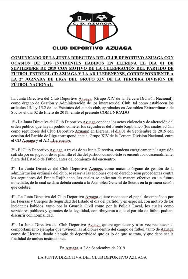 Comunicado del Azuaga tras los incidentes en Llerena