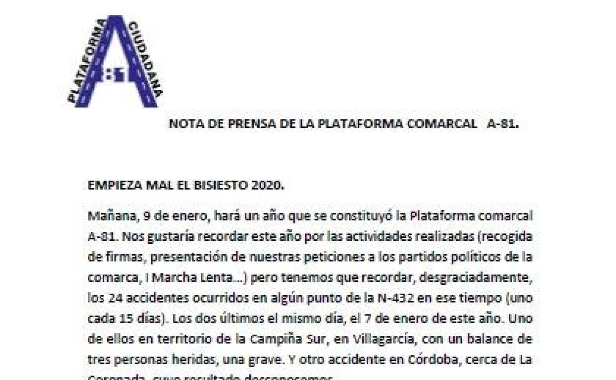 La Plataforma Comarcal por la A81 recuerda los 24 accidentes de la N432 en el último año