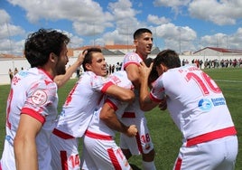 Celebración de los jugadores del Llerenense del tercer gol al Montijo, segundo de Dani Martínez.