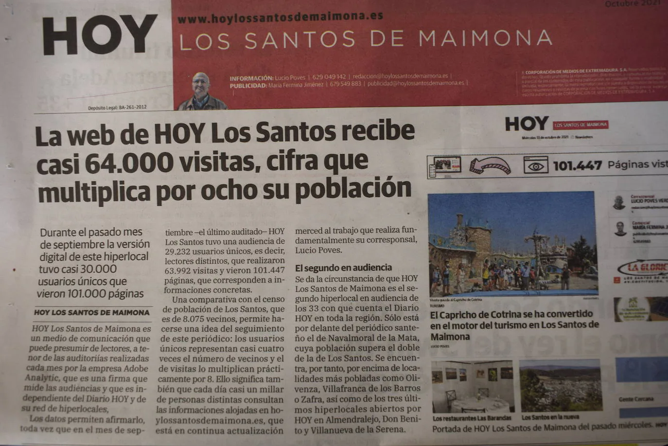 ültima página del periódico en papel de HOY Los Santos del mes de octubre 