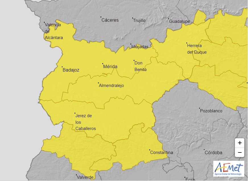 Mapa de la alerta amarilla por tomentas en la provincia de Badajoz 