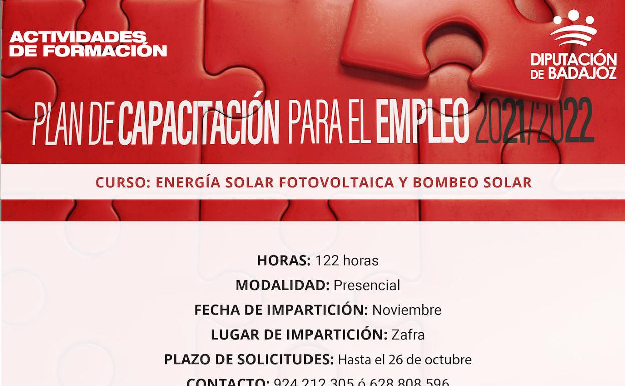 Cartel de la formación de ''Energía solar fotovoltaica aislada y bombeo solar'' en la localidad de Zafra 