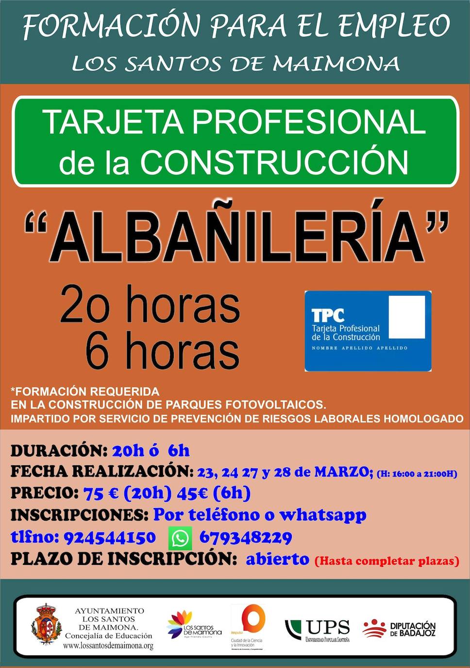 En la Universidad Popular Santeña se impartirá es el curso de Tarjeta Profesional de la Construcción. Especialidad: albañilería