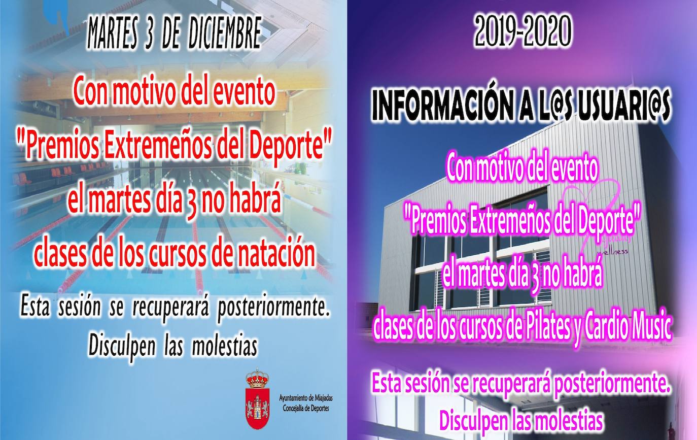 Suspensión de las clases de natación, pilates y cardio-music durante el martes 3 de diciembre