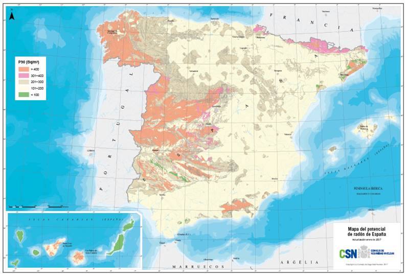 Mapa de zonas de riesgo de radón en España 