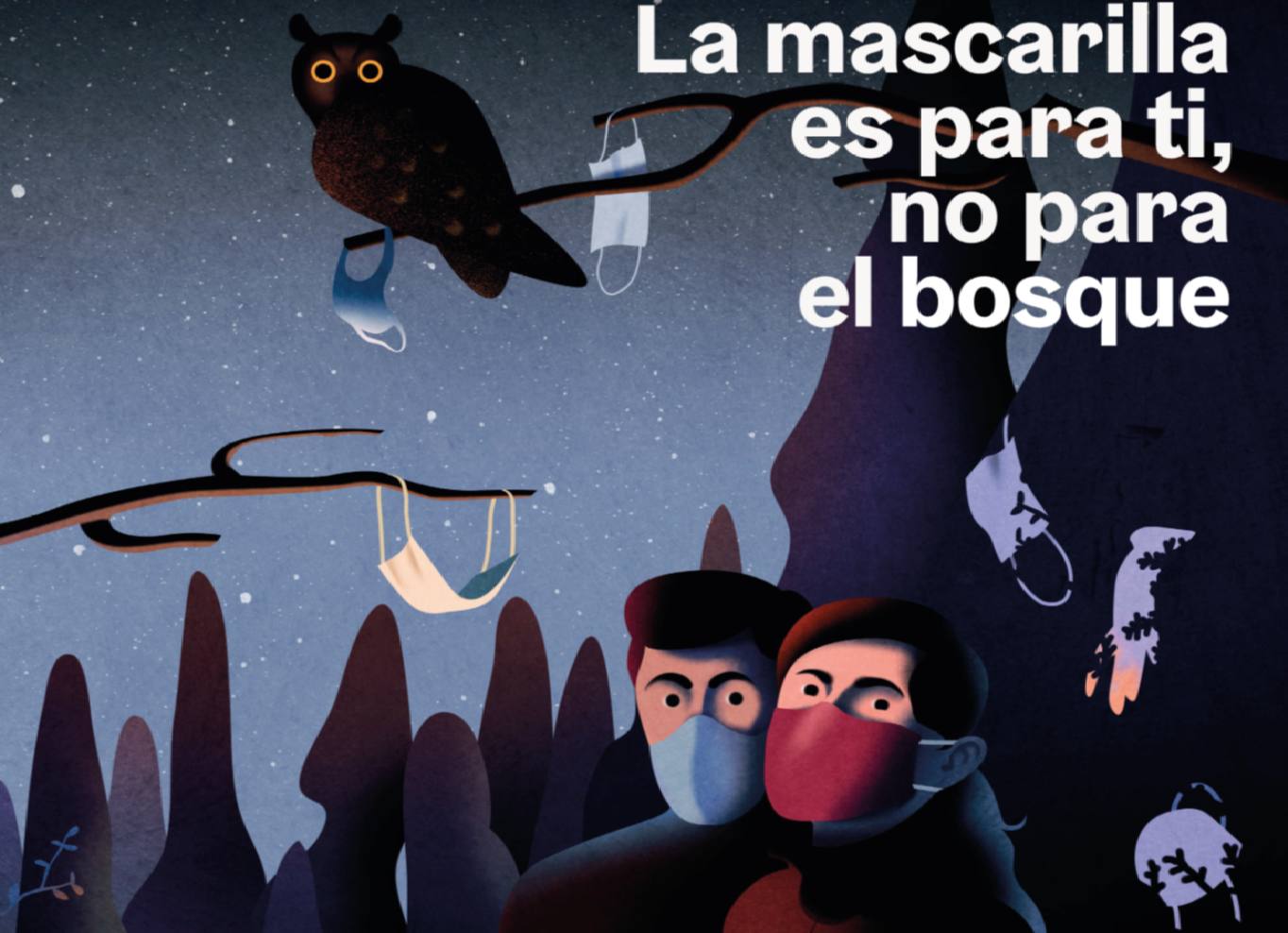 Cartel de concienciación sobre el uso de mascarilla y no tirarla en el bosque 