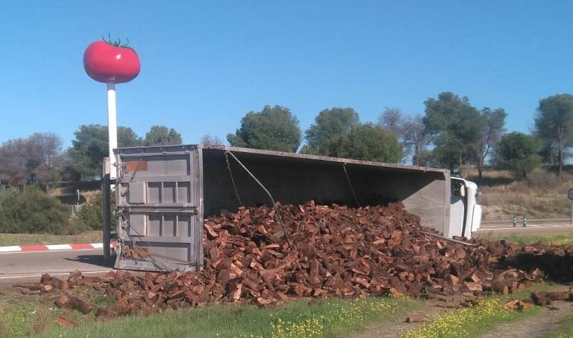 Camión volcado en la rotonda del tomate a las afueras de Miajadas 