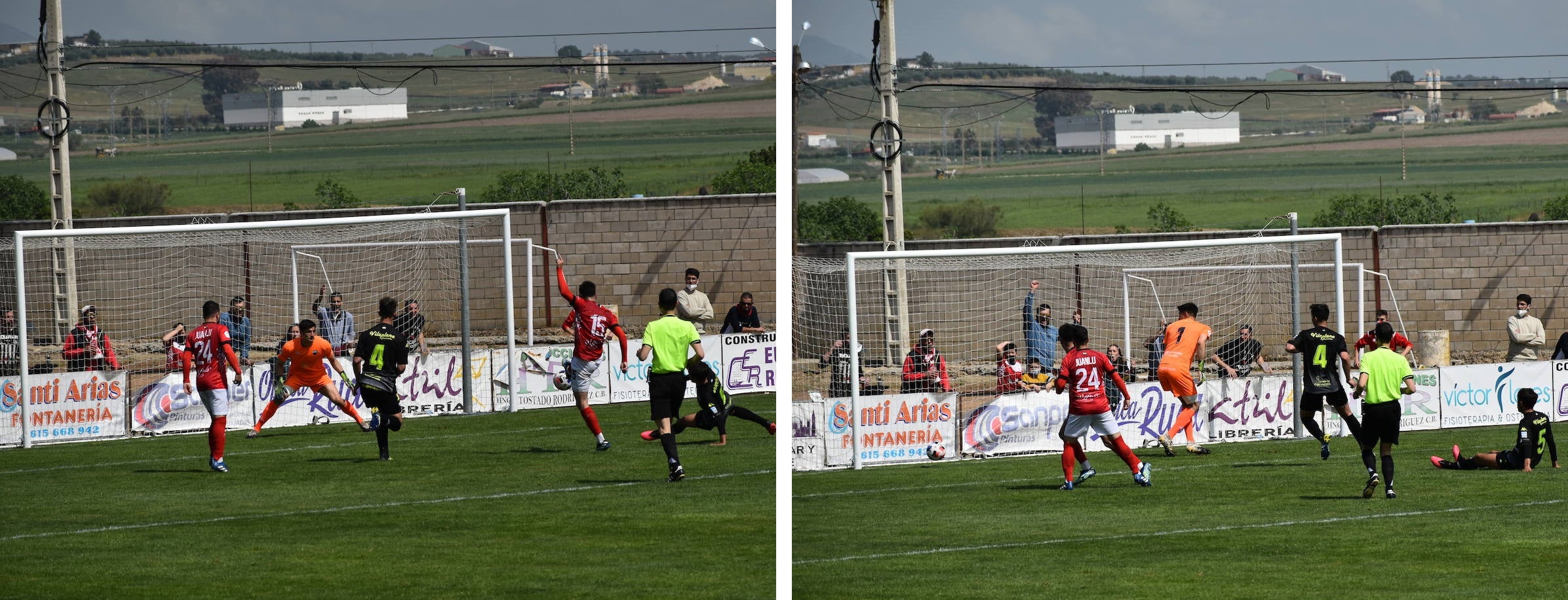 Jugada del que pudo ser el segundo gol de los miajadeños y que finalmente acabó fuera de la línea de gol 