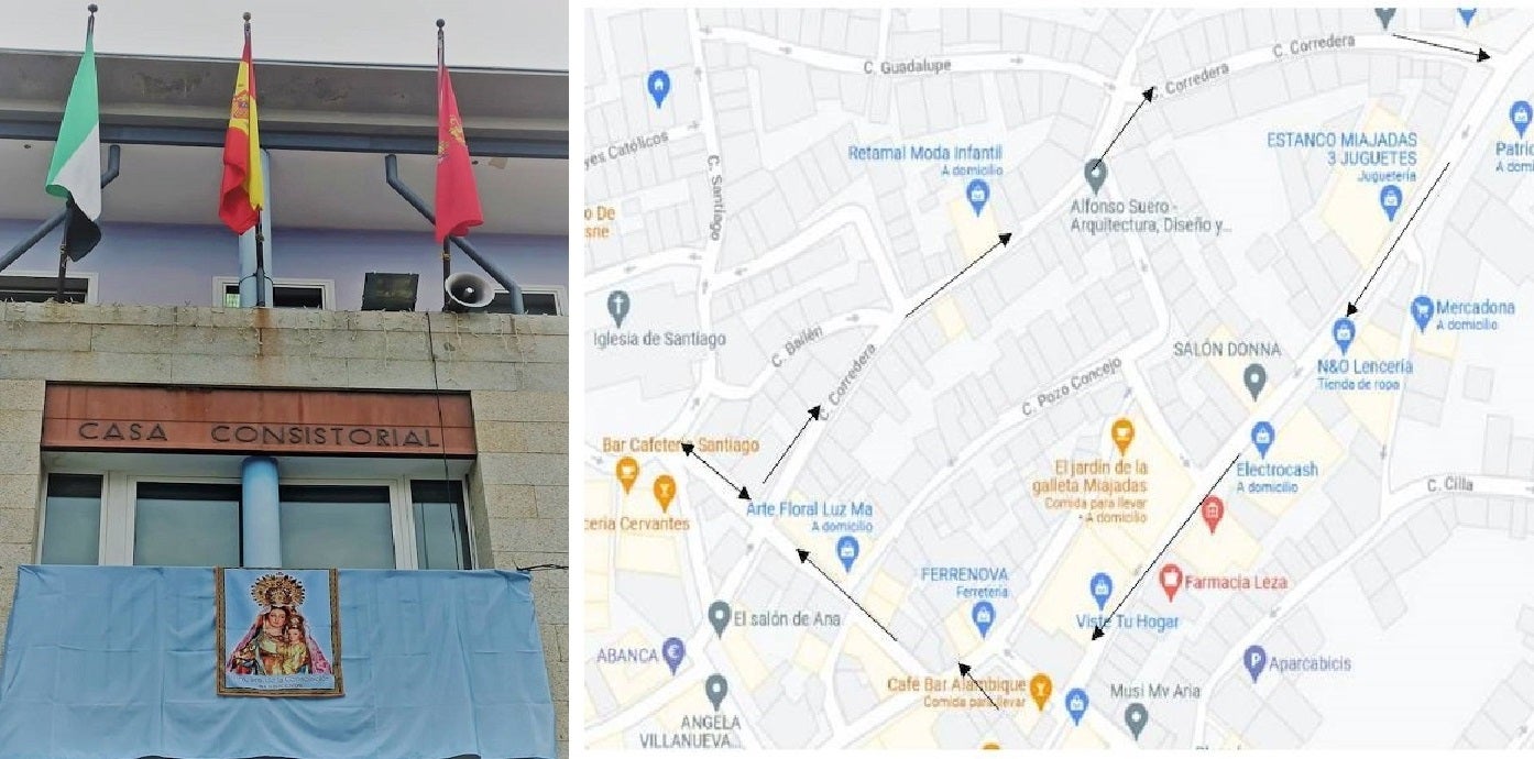 El balcón del ayuntamiento está engalanado con la imagen de la virgen. A la derecha, recorrido de la procesión 