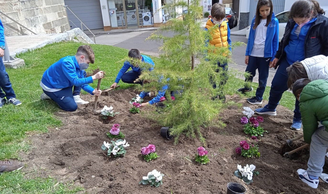 Los alumnos del Sagrado Corazón de Jesús y Mª Inmaculada replantan el jardín de la iglesia Santiago Apóstol