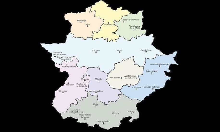 Nuevo posible modelo territorial de Extremadura, que se dividiría en nueve comarcas en lugar de las dos provincias actuales, según el estudio 
