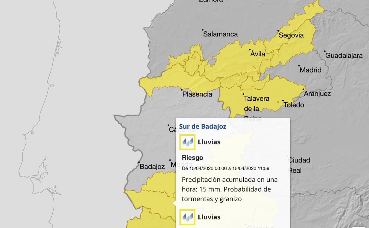La Aemet activa avisos amarillos por lluvia para mañana en el sur de Badajoz