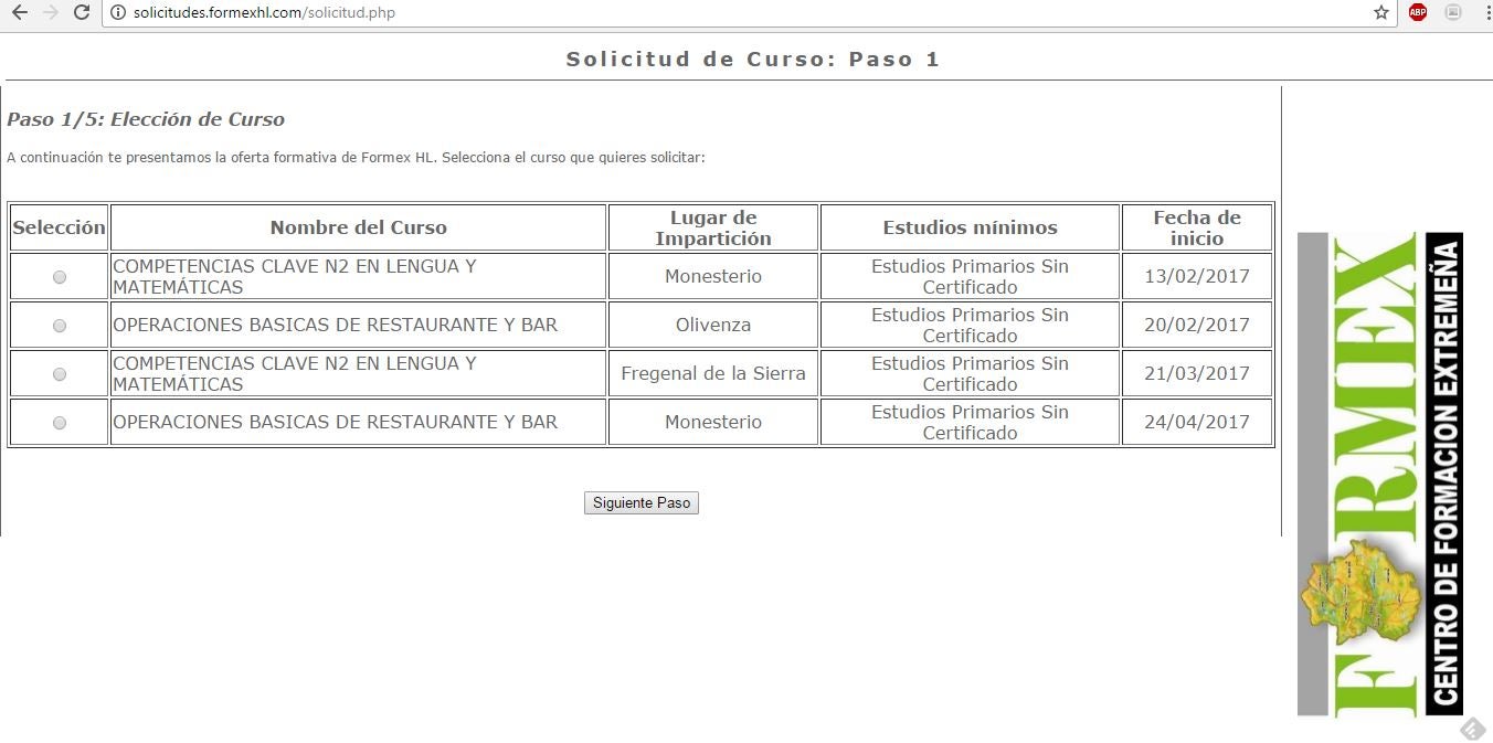 Pantalla de acceso a solicitud de inscripcion 