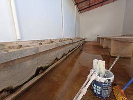 Interior del lavadero en plena labor de pintura.