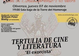 Una tertulia de cine y literatura desgranará la obra del autor de 'El Exorcista'