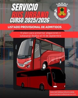 Publicado el listado provisional de admitidos en el servicio de transporte escolar de Olivenza