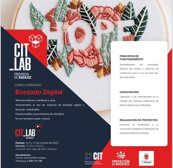 El CIT-Lab de Olivenza organiza un curso gratuito de bordado digital