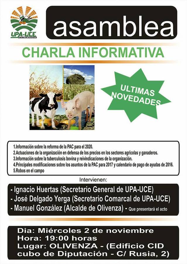 UPA-UCE informará en Olivenza sobre las últimas novedades en los sectores agrícola y ganadero